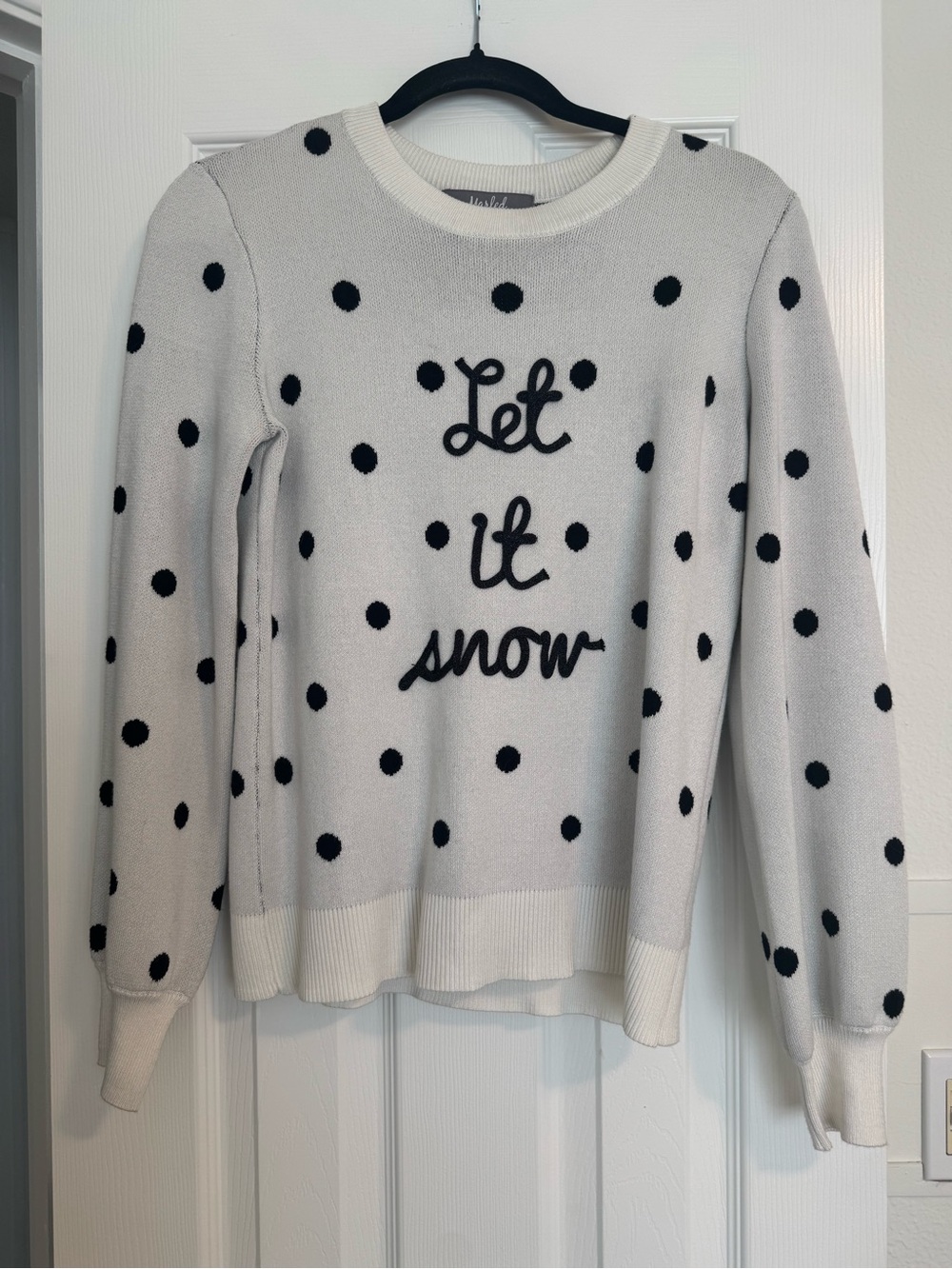 Marled White Crewneck Sweater with Black Polka Dots - "Let It Snow"